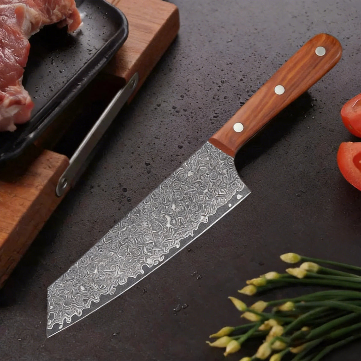 Professional Damascus steel kitchen knife, 2026 new model sharp chef knife with wooden handle, Japanese-style slicing knife